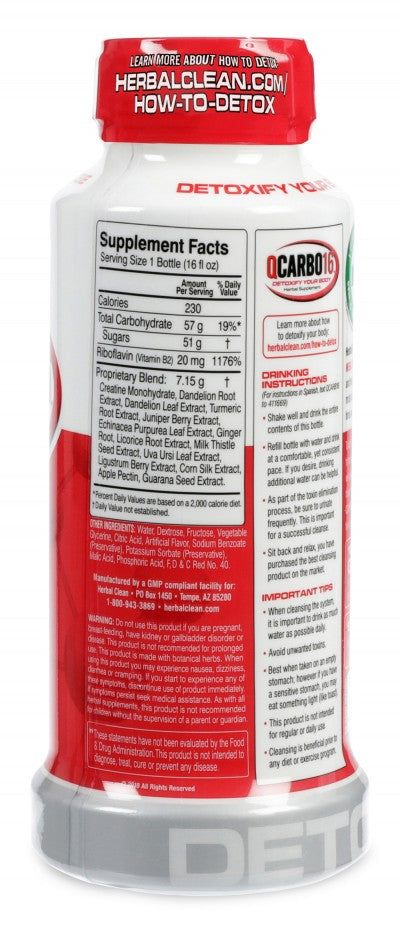 Herbal Clean QCarbo16 tropical detox drink — 16 oz bottle, nutrient-enriched formula