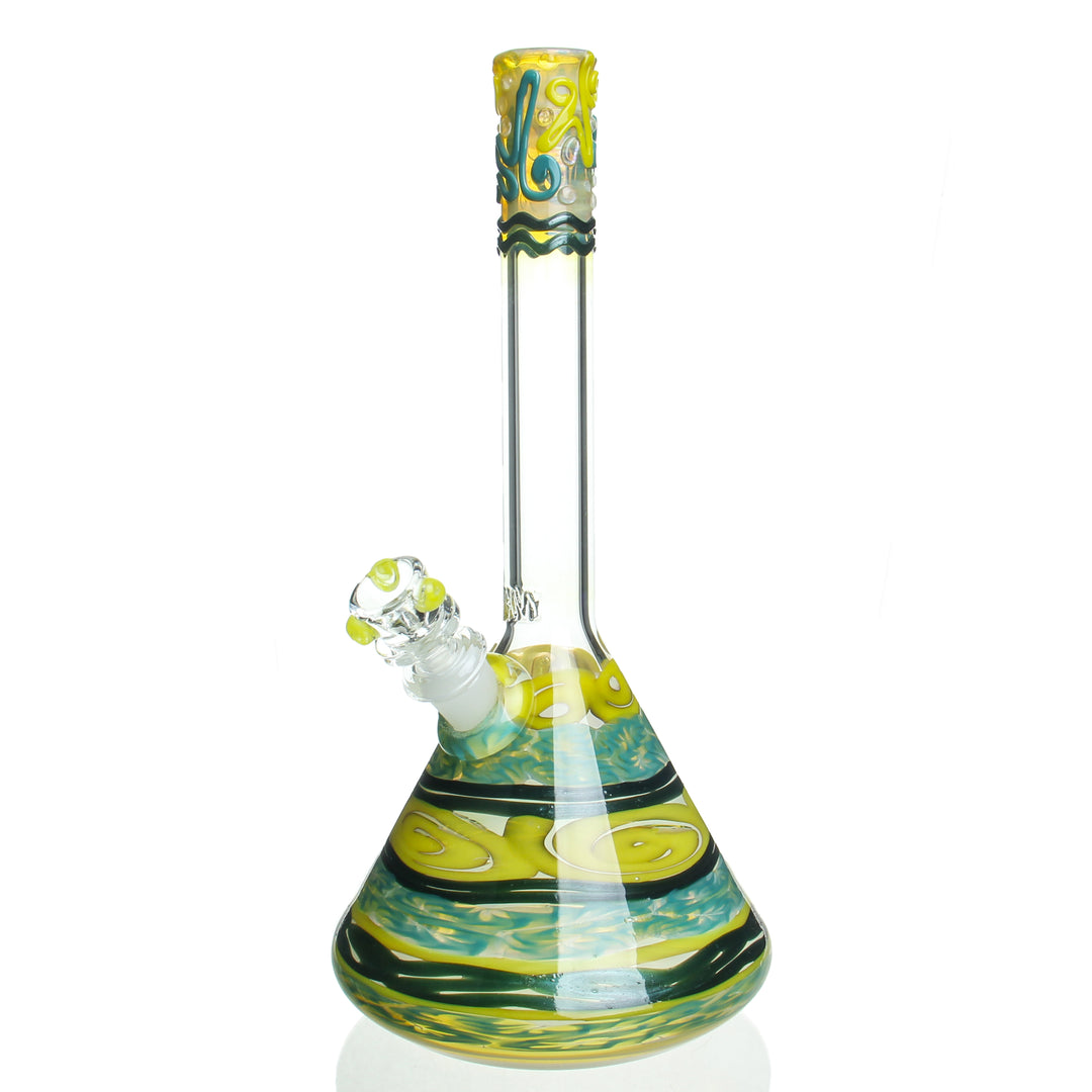HVY Glass 11in 26mm Cane Beaker Yellow and Teal — 26mm thick cane-worked beaker bong in yellow and teal colorway