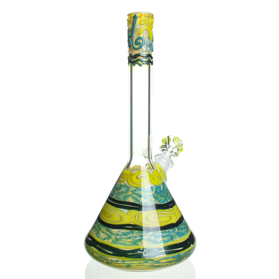 HVY Glass 11in 26mm Cane Beaker Yellow and Teal — yellow and teal 26mm cane beaker shown from alternate angle