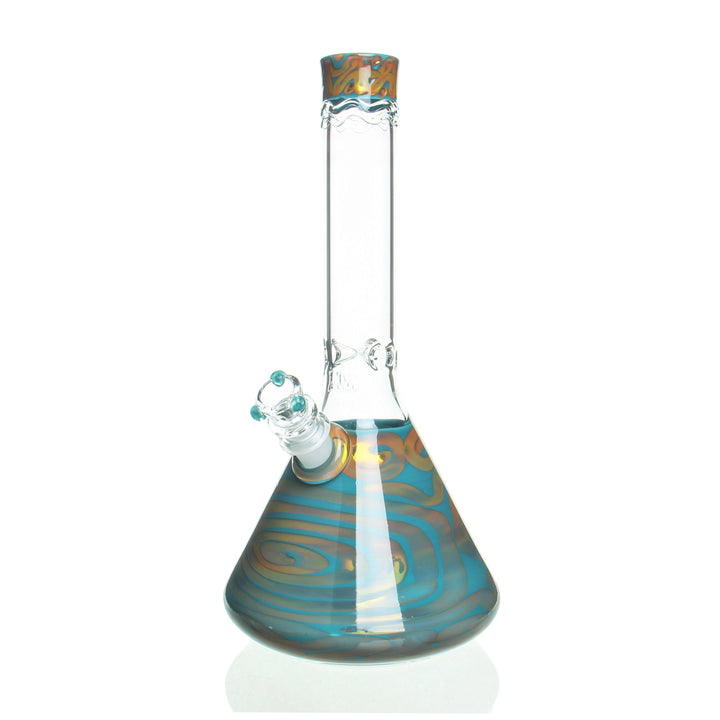 HVY Glass 11in 38mm Colored Coil Mini Beaker Copper and Teal — 38mm thick colored-coil mini beaker bong in copper and teal