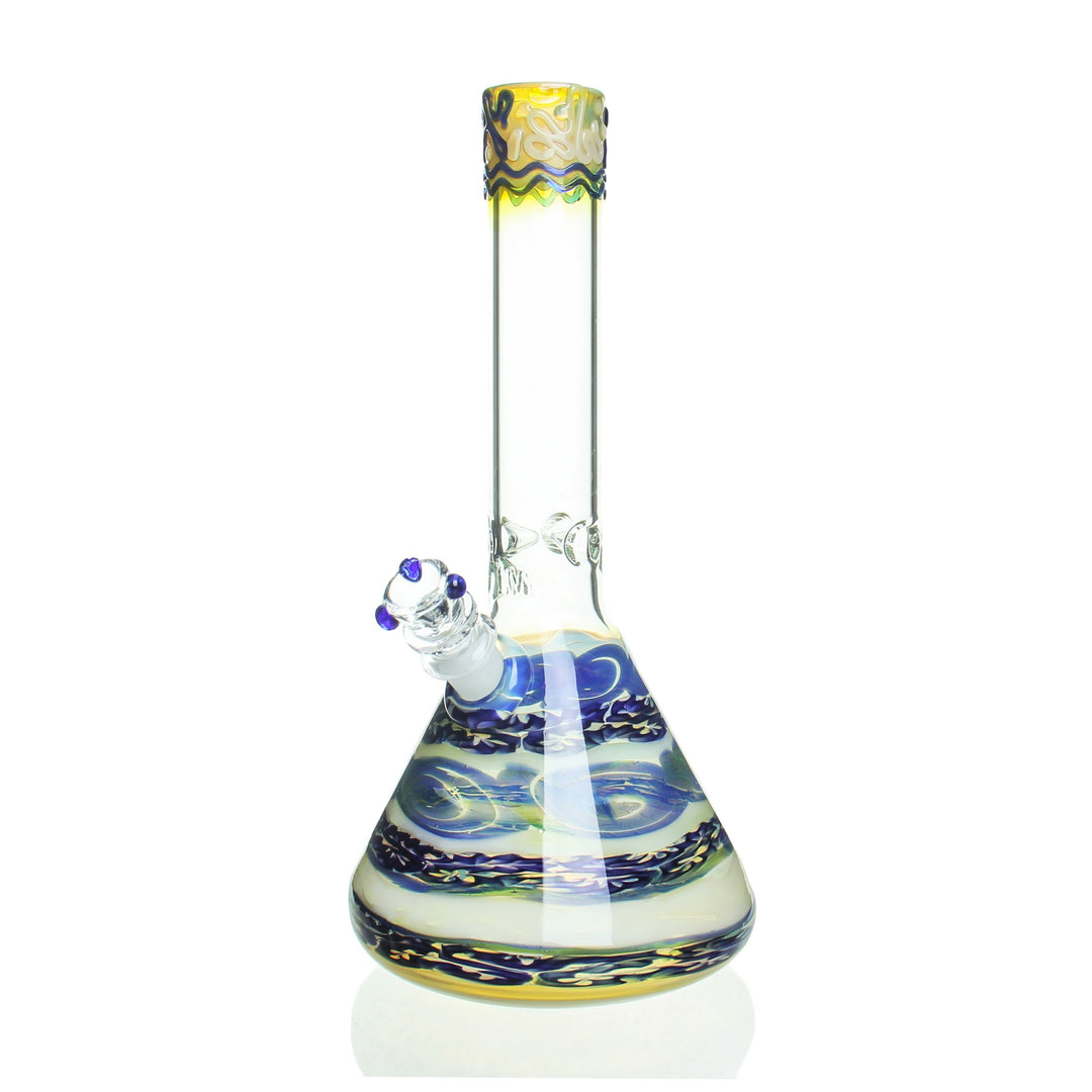 HVY Glass 11in Cane Work Beaker Blue and White — cane-worked beaker bong in blue and white colorway