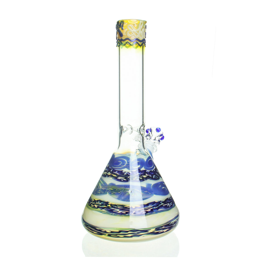 HVY Glass 11in Cane Work Beaker Blue and White — blue and white cane work beaker from alternate angle