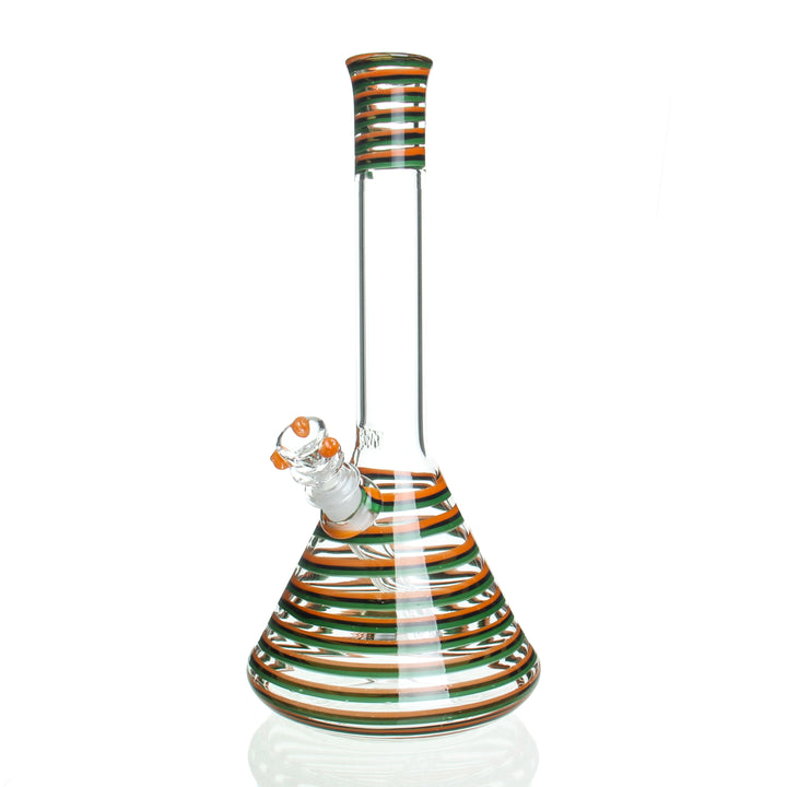 HVY Glass 12in 32mm Swirl Beaker Orange and Green — 32mm thick swirl-worked beaker bong in orange and green colorway