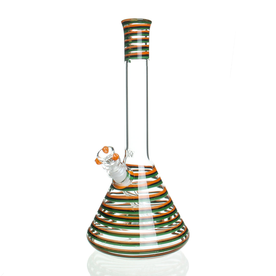 HVY Glass 12in 32mm Swirl Beaker Orange and Green — 32mm thick swirl-worked beaker bong in orange and green colorway