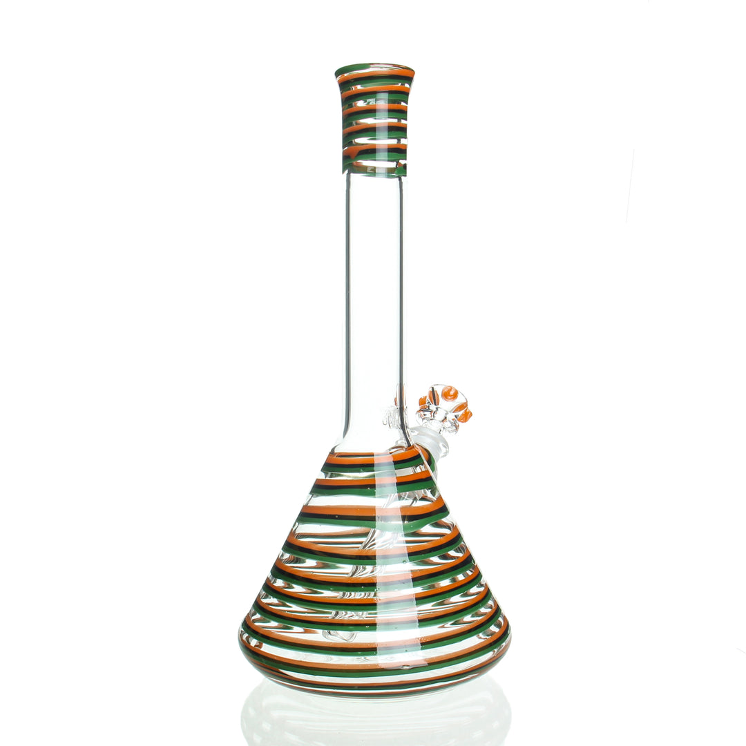 HVY Glass 12in 32mm Swirl Beaker Orange and Green — orange and green 32mm swirl beaker shown from alternate angle