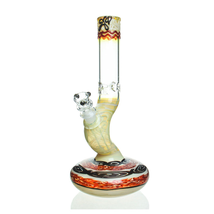 HVY Glass 12in Bent Neck Cane Beaker Red and Black — bent-neck cane-worked beaker bong in red and black