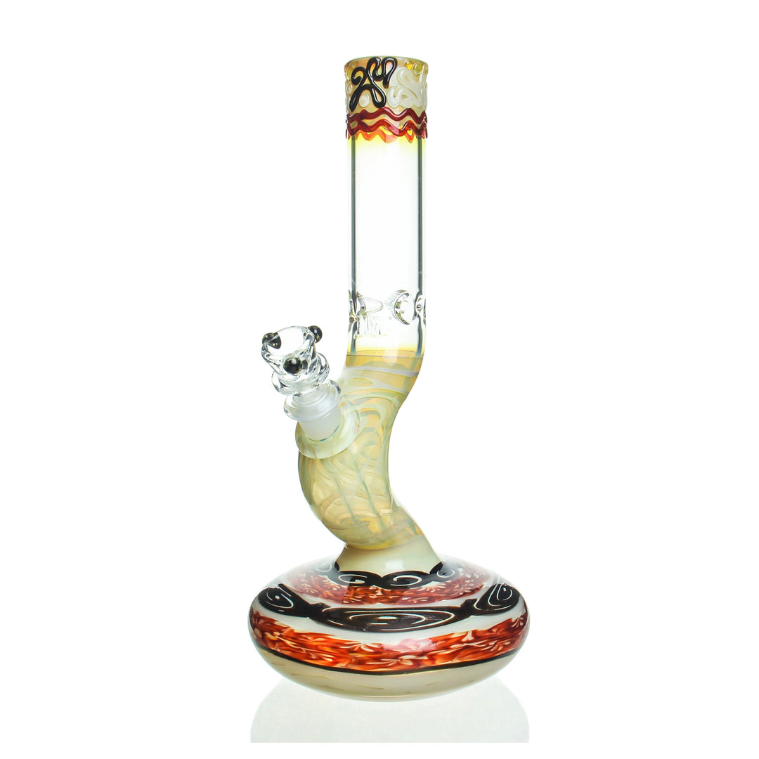 HVY Glass 12in Bent Neck Cane Beaker Red and Black — bent-neck cane-worked beaker bong in red and black
