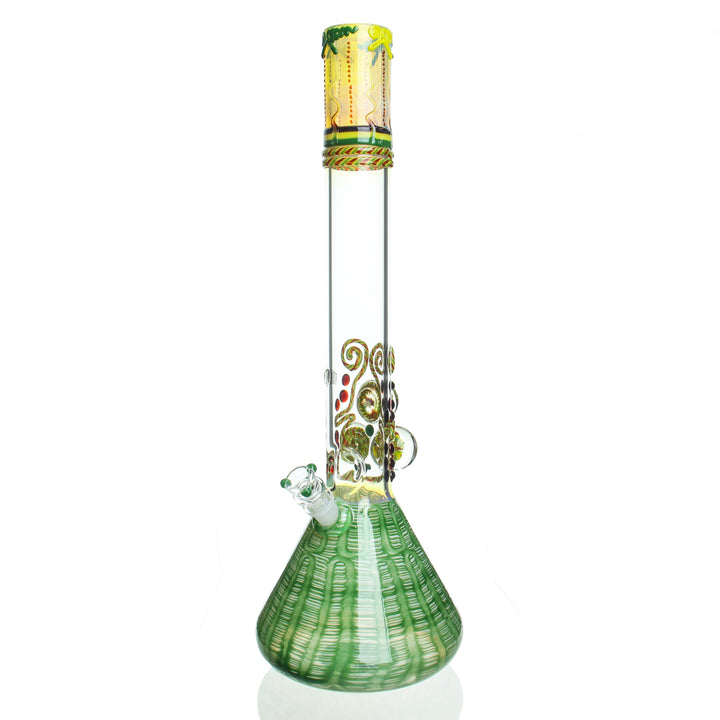 HVY Glass 19in Three Marble Rake Beaker Green and Rasta — three-marble rake-worked beaker bong in green and rasta colorway