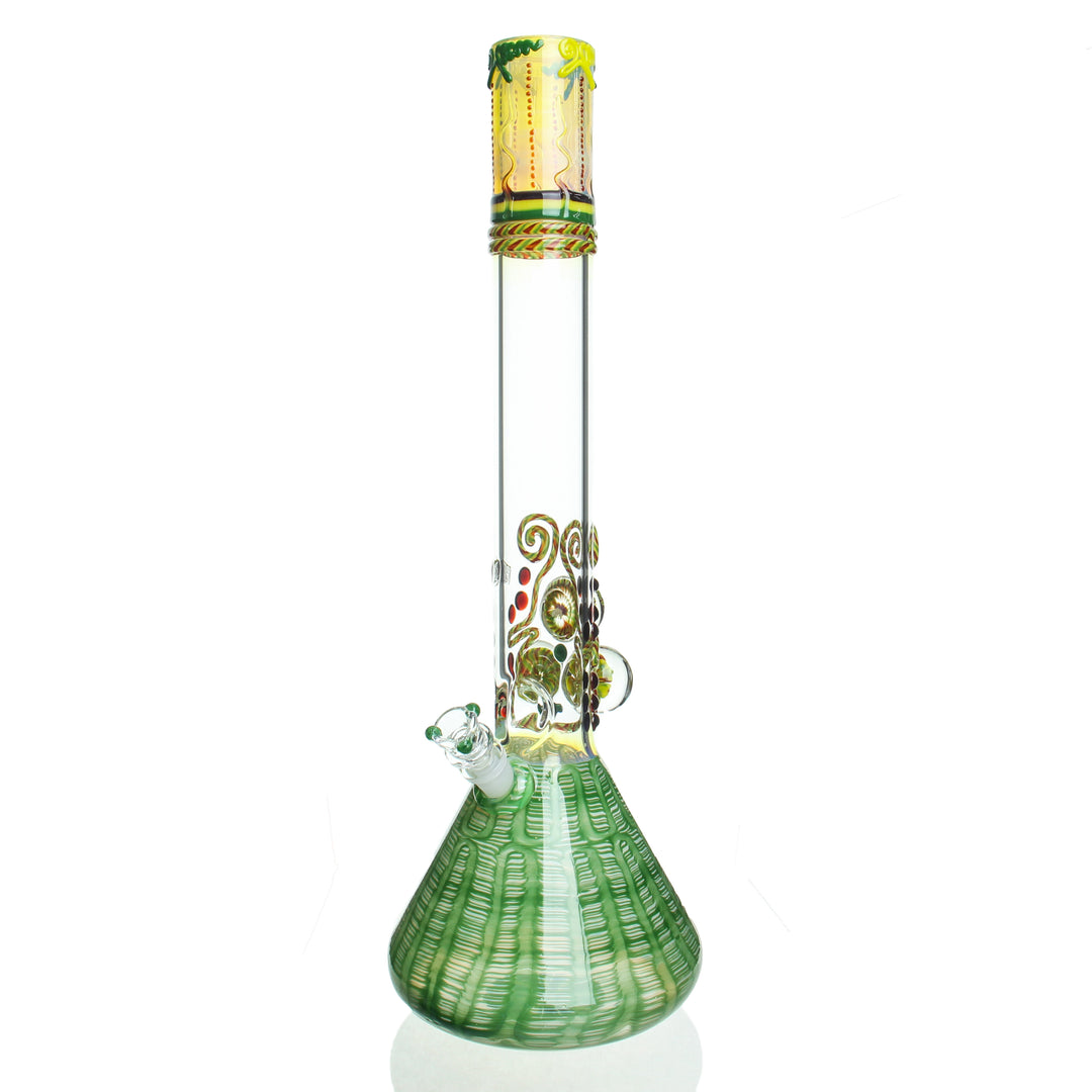 HVY Glass 19in Three Marble Rake Beaker Green and Rasta — three-marble rake-worked beaker bong in green and rasta colorway