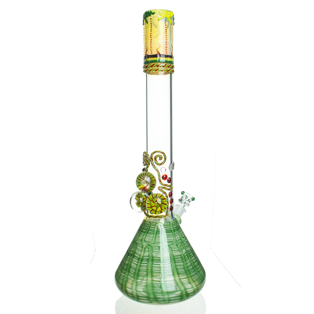HVY Glass 19in Three Marble Rake Beaker Green and Rasta — green and rasta 3 marble rake beaker shown from alternate angle