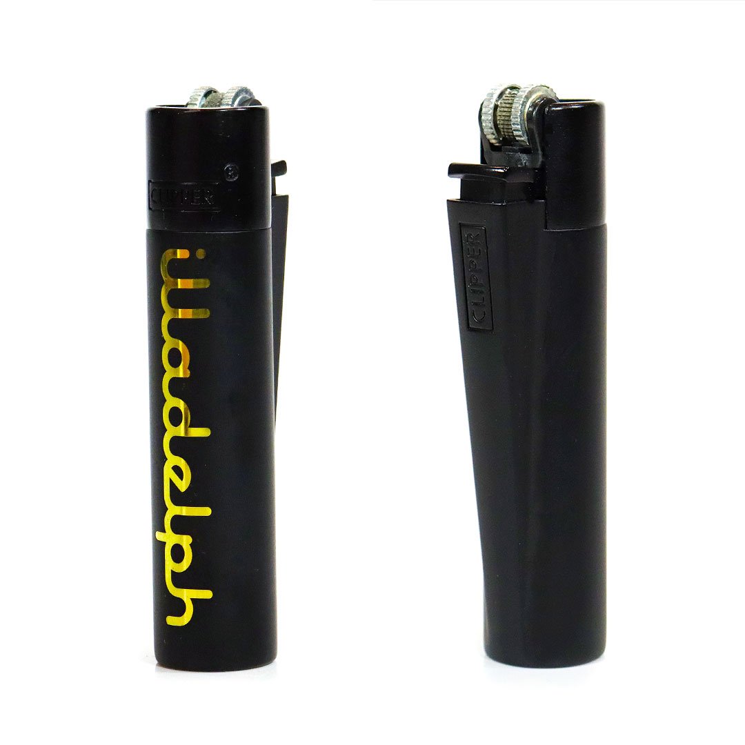 Illadelph Metal Clipper Lighter — metal Clipper lighter shown from alternate angle with Illadelph logo