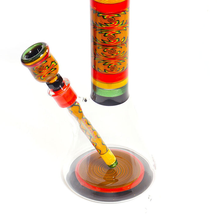 Illadelph Glass Worked Medium Beaker Rasta with Gold Sparkle — Rasta gold sparkle beaker close-up of work