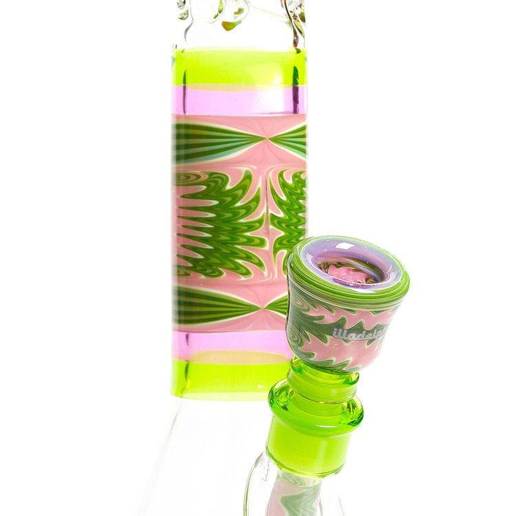 Illadelph Glass Worked Medium Beaker Watermelon — watermelon worked medium beaker from alternate angle