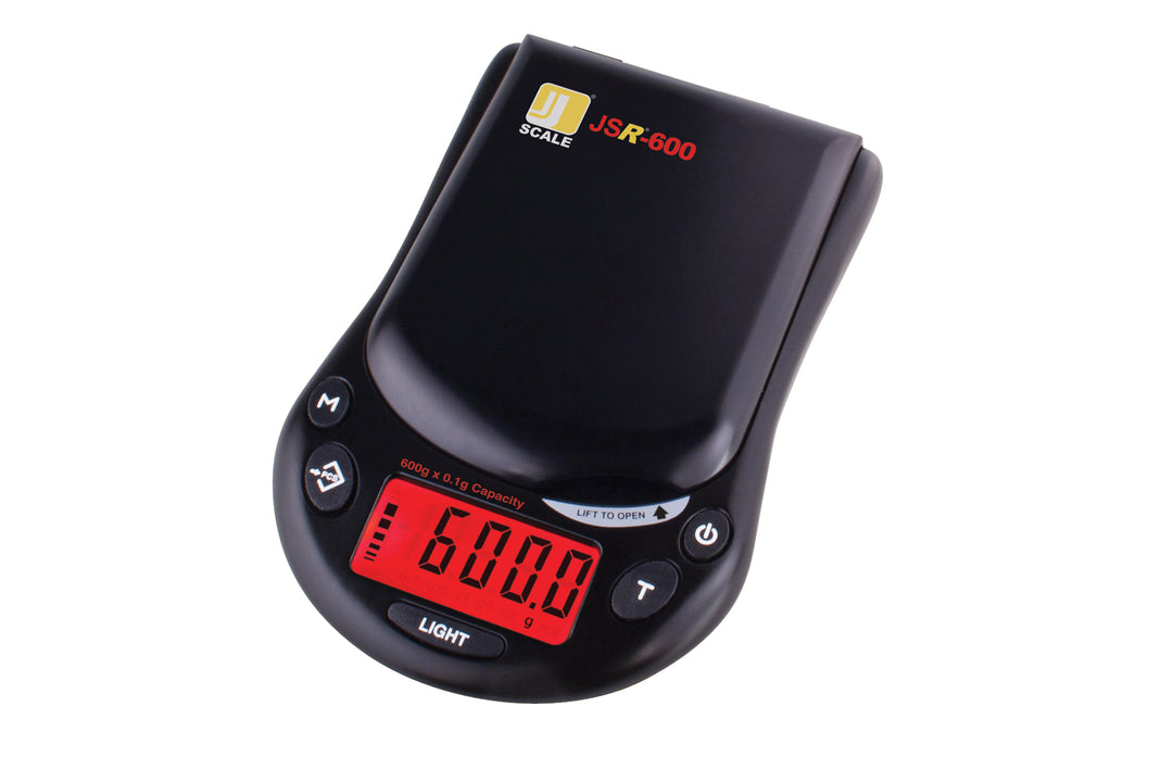 J Scale JSR-600 digital pocket scale — 600g capacity with 0.01g accuracy and flip cover