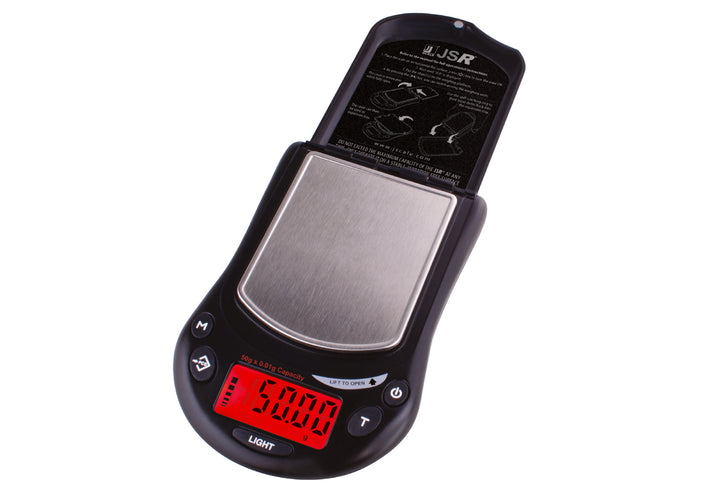 J Scale JSR50 digital scale — flip-open lid and backlit LCD with ultra-fine 0.001g readability