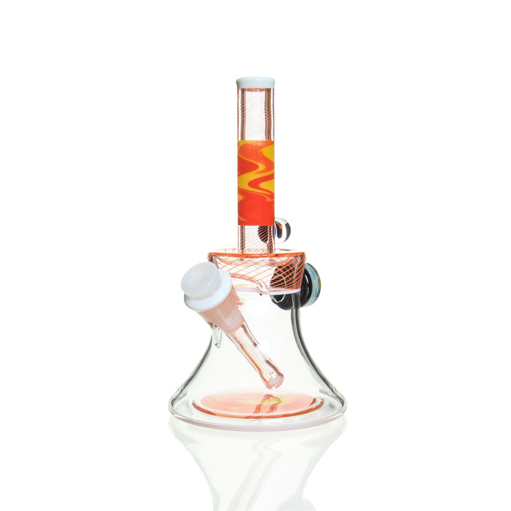 JT Glass 7in Mini Beaker Orange — compact worked mini beaker bong with orange accents, hero shot