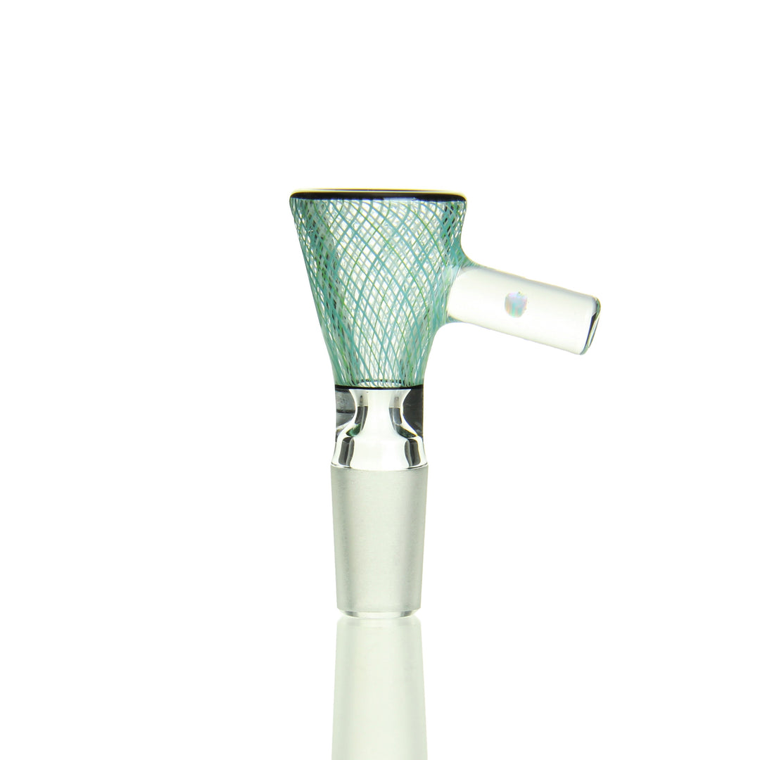 Korey Glass 14mm Male Reticello Slide Teal — 14mm male reticello-pattern bowl slide in teal