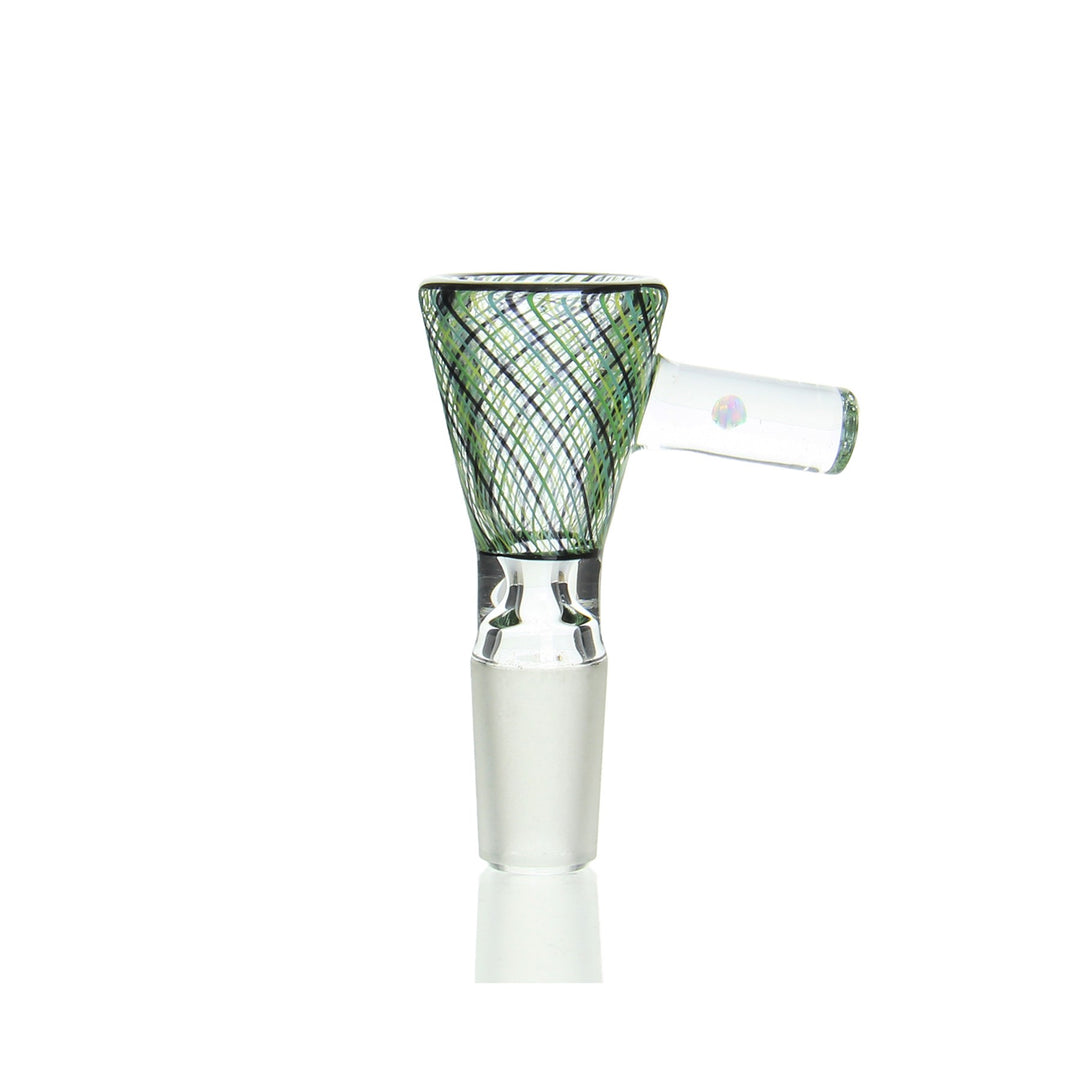 Korey Glass 14mm Reticello Male Slide Green — 14mm male reticello-pattern bowl slide in green