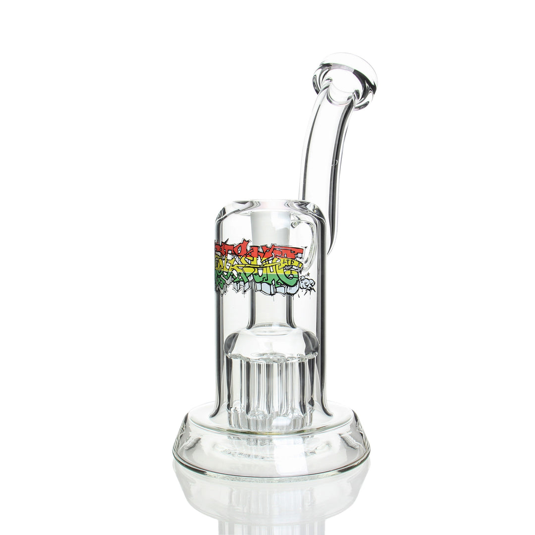 Leisure Glass 44 Mag Bubbler Rasta — 44 Magnum revolver-shaped bubbler in rasta colorway
