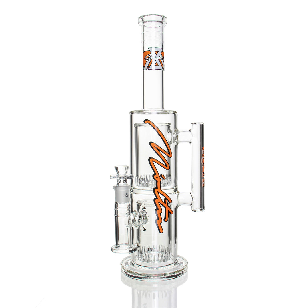 Moltn Glass 80mm Double Can Perc Orange — modular 80mm water pipe with double can percolators, hero shot