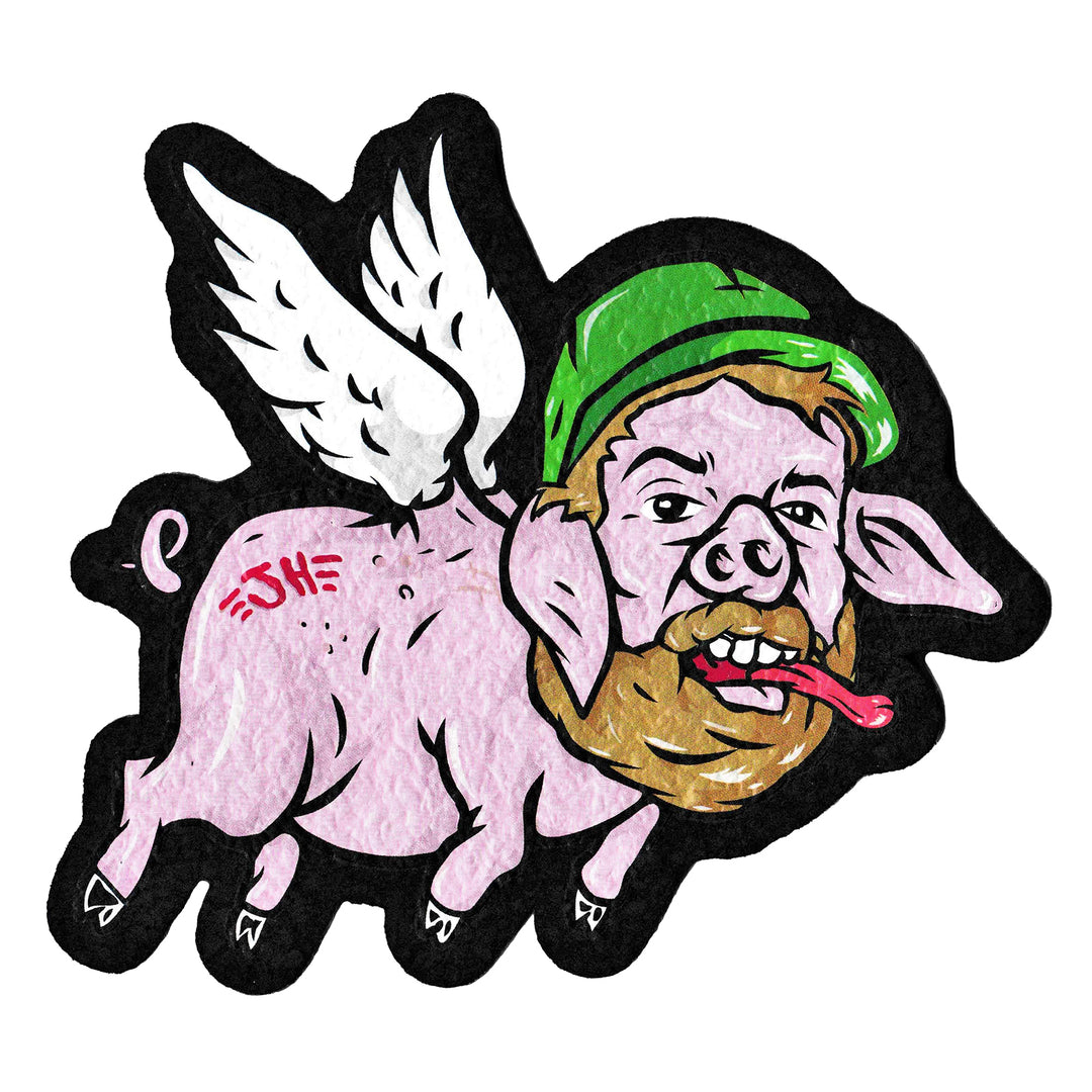 Moodmats Joel Halen Flying Pig — round artist-series dab mat with Joel Halen Flying Pig artwork