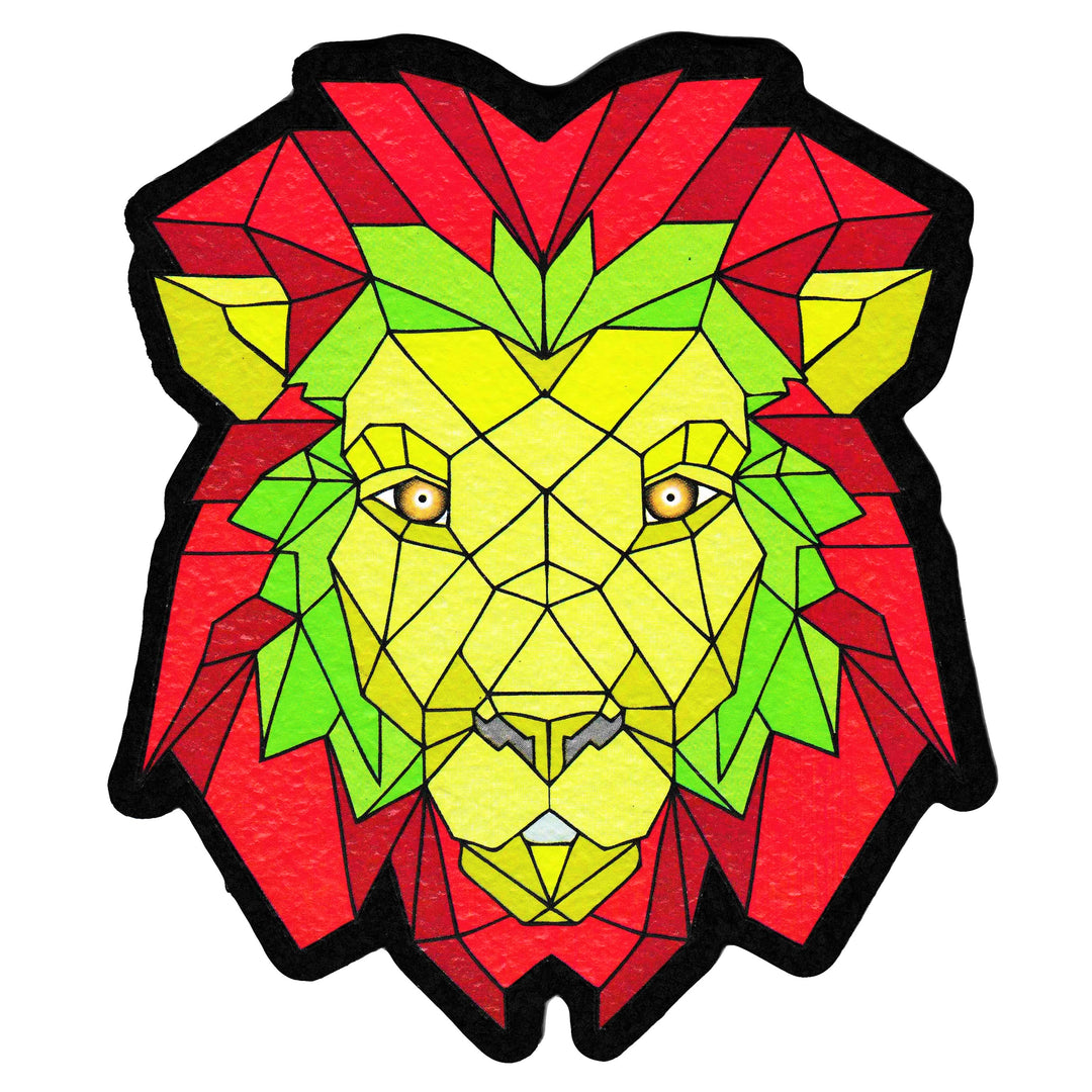 Moodmats Orfin Geometric Rasta Lion — round artist-series dab mat with Orfin Geometric Rasta Lion artwork