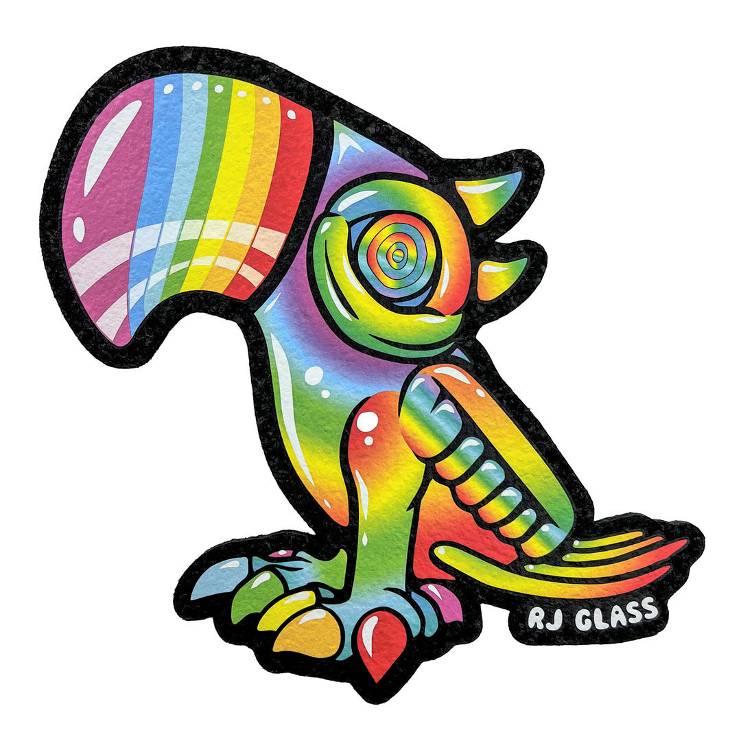 Moodmats RJ Glass Macaw Color Fade — round artist-series dab mat with RJ Glass Macaw color-fade artwork