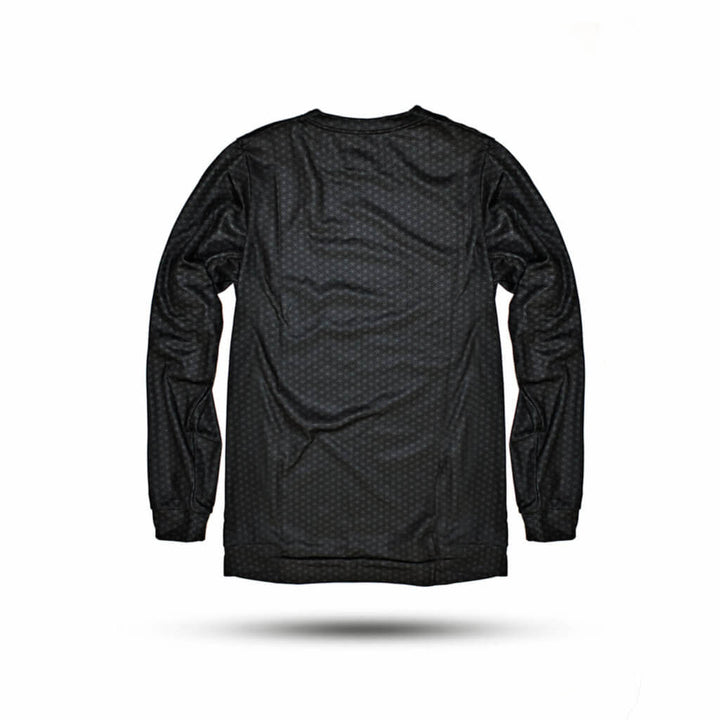 Mothership Glass Black Long Sleeve Shirt — back view of logo graphic on long-sleeve tee