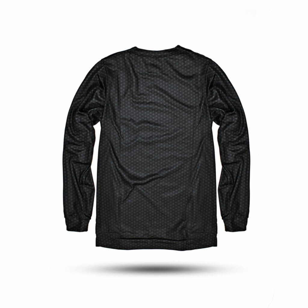 Mothership Glass Black Long Sleeve Shirt — back view of logo graphic on long-sleeve tee