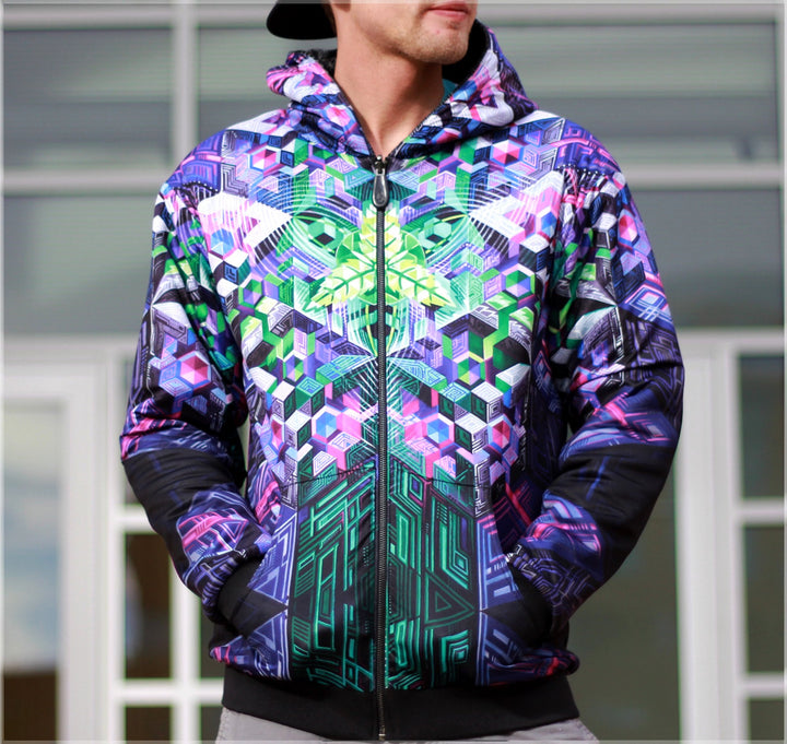 Mothership Glass x Threyda Reversible Hoodie — detail of psychedelic graphic