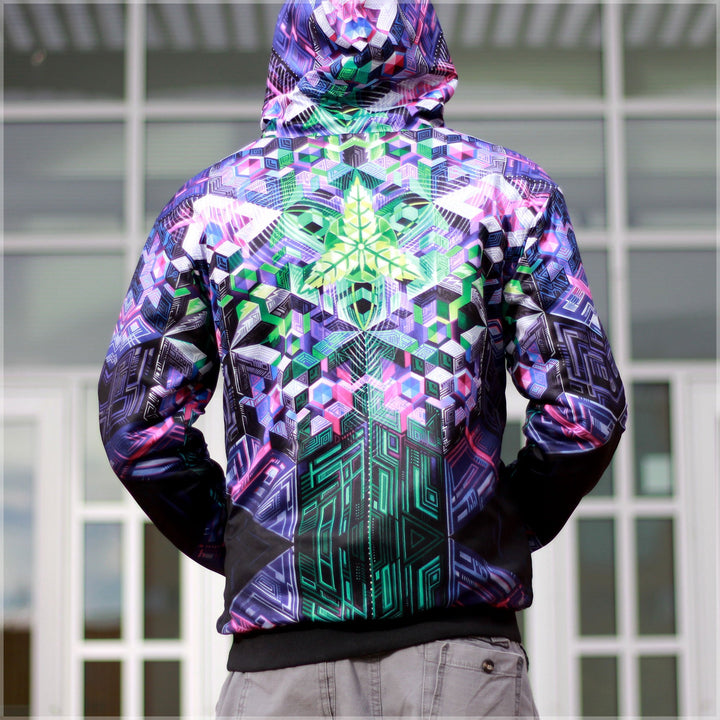Mothership Glass x Threyda Reversible Hoodie — back view of reversible pullover