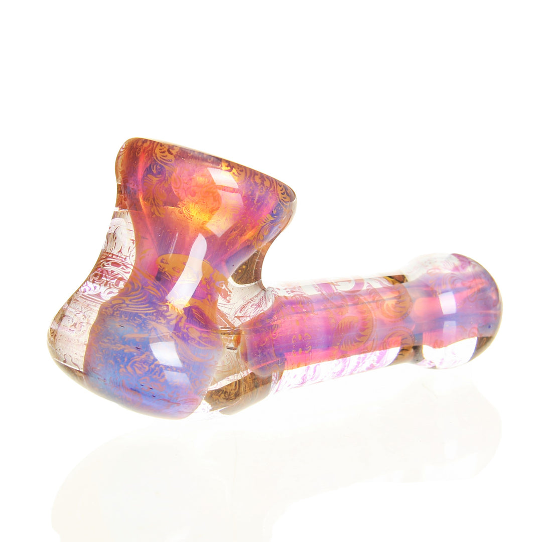 Mothership Glass Sherlock Amber Purple Guardian — Sherlock-style hand pipe in amber purple with Guardian etched artwork