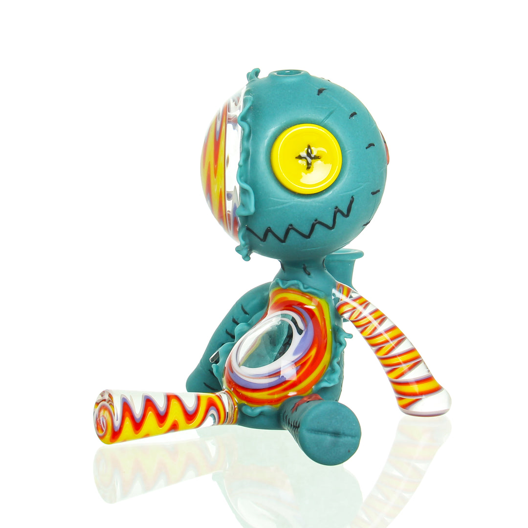 Muller Glass Laid Back Voodoo Doll Agua Azul — heady glass voodoo doll-themed water pipe in Agua Azul colorway