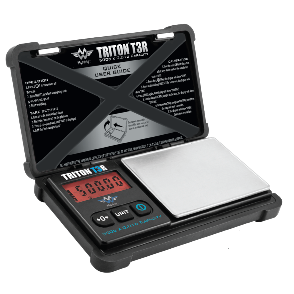 My Weigh Triton T3R rechargeable digital pocket scale — 500g capacity with 0.01g precision and USB charging