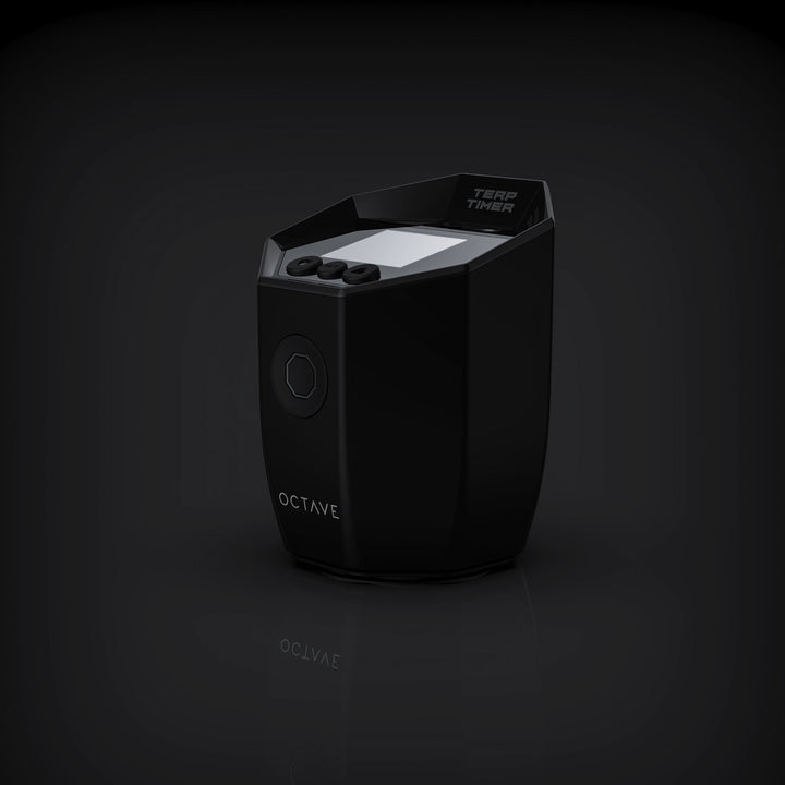 Octave Terp Timer Black — digital terp timer with magnetic mount shown attached to a banger
