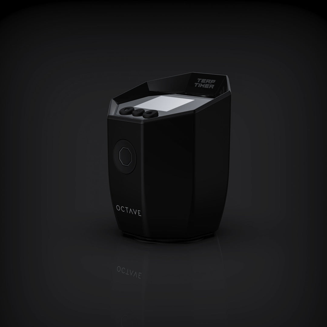 Octave Terp Timer Black — digital terp timer with magnetic mount shown attached to a banger
