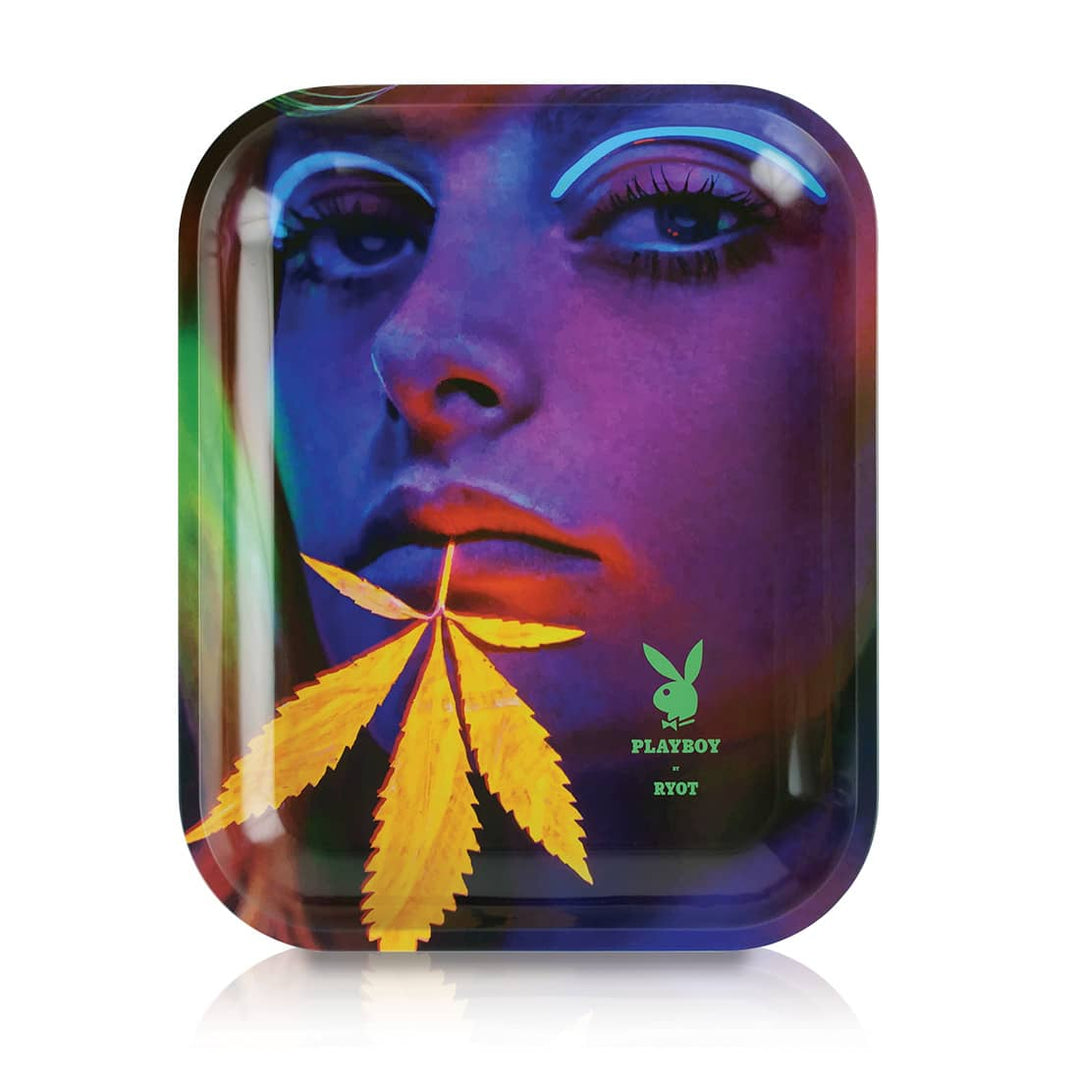 Playboy by RYOT Large Rolling Tray — metal rolling tray, Playboy Leaf design