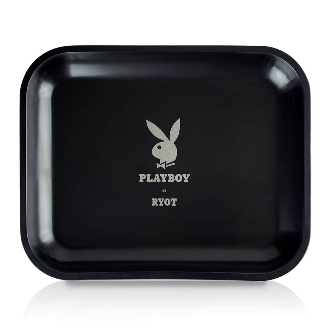 Playboy by RYOT Large Rolling Tray — metal rolling tray, Silver Bunny design