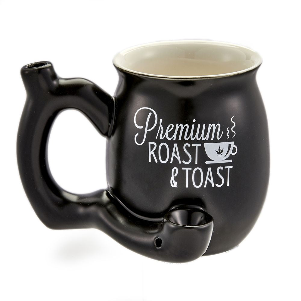 Premium Roast & Toast Small Ceramic Mug Black — small ceramic coffee mug with built-in glass smoking pipe in black