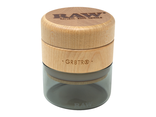 RAW Natural Wood Grinder Black — two piece natural wood herb grinder in black, hero shot