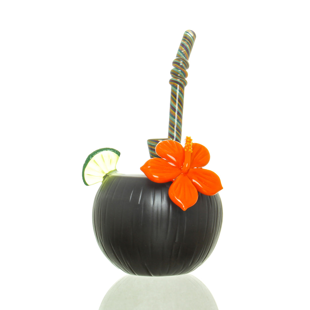 Reyna Mini Coconut Bubbler Orange Flower — mini glass bubbler dab rig with coconut-shaped chamber and orange flower accent