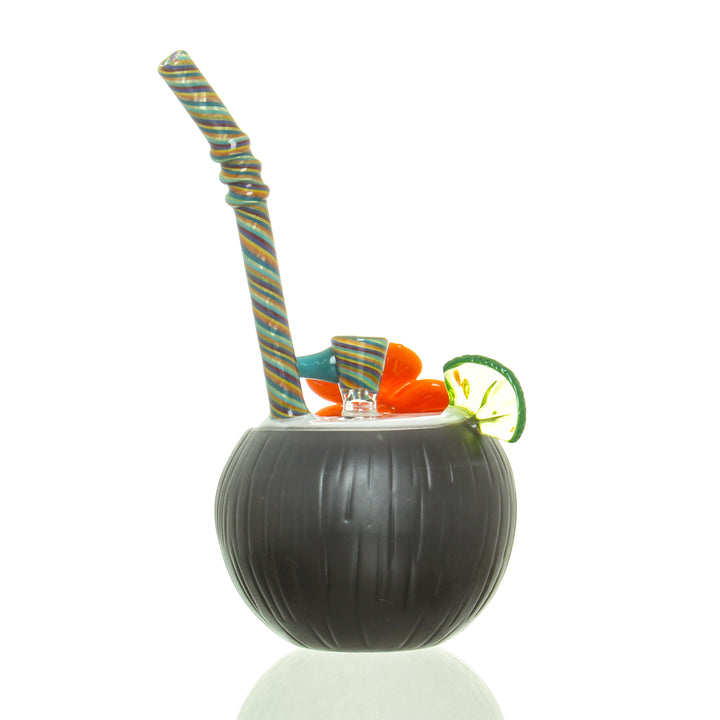 Reyna Mini Coconut Bubbler Orange Flower — coconut-shaped mini bubbler shown from alternate angle