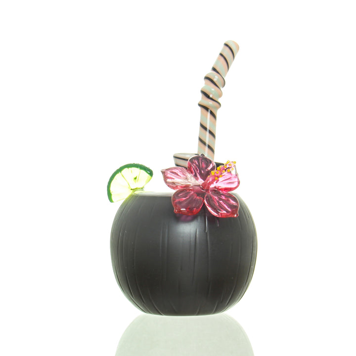Reyna Mini Coconut Bubbler Pink Flower — mini glass bubbler dab rig with coconut-shaped chamber and pink flower accent