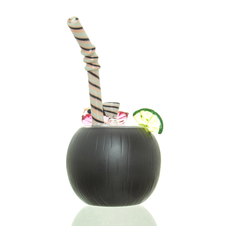 Reyna Mini Coconut Bubbler Pink Flower — coconut-shaped mini bubbler shown from alternate angle