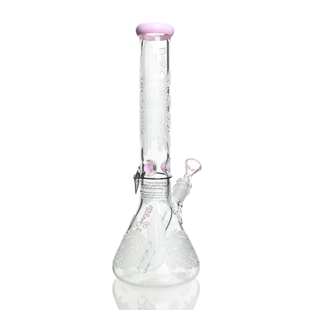 RooR 14in Beaker 45x5mm Strawberry Dream Sandblast — Strawberry Dream sandblast beaker from alternate angle