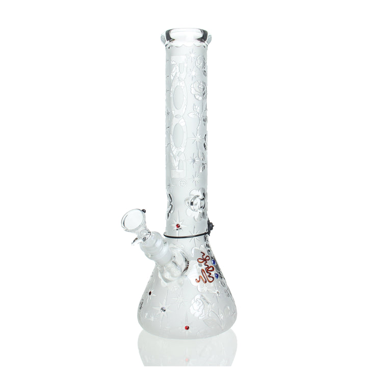 RooR 14in Beaker 50x5mm Rose Sandblast with Swarovski Crystals — 14in 50x5mm beaker with rose sandblast pattern and Swarovski crystal accents