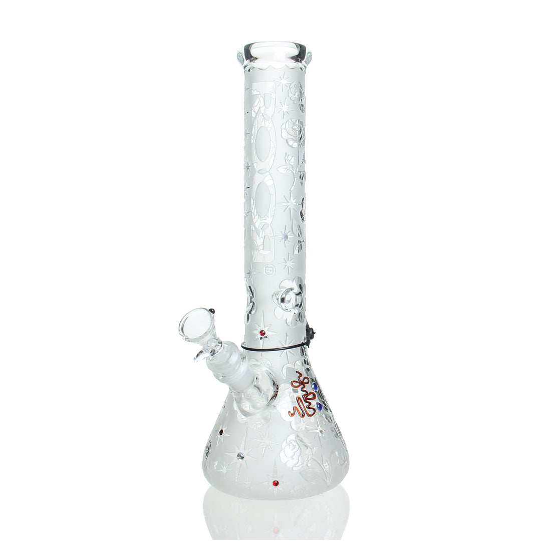 RooR 14in Beaker 50x5mm Rose Sandblast with Swarovski Crystals — 14in 50x5mm beaker with rose sandblast pattern and Swarovski crystal accents
