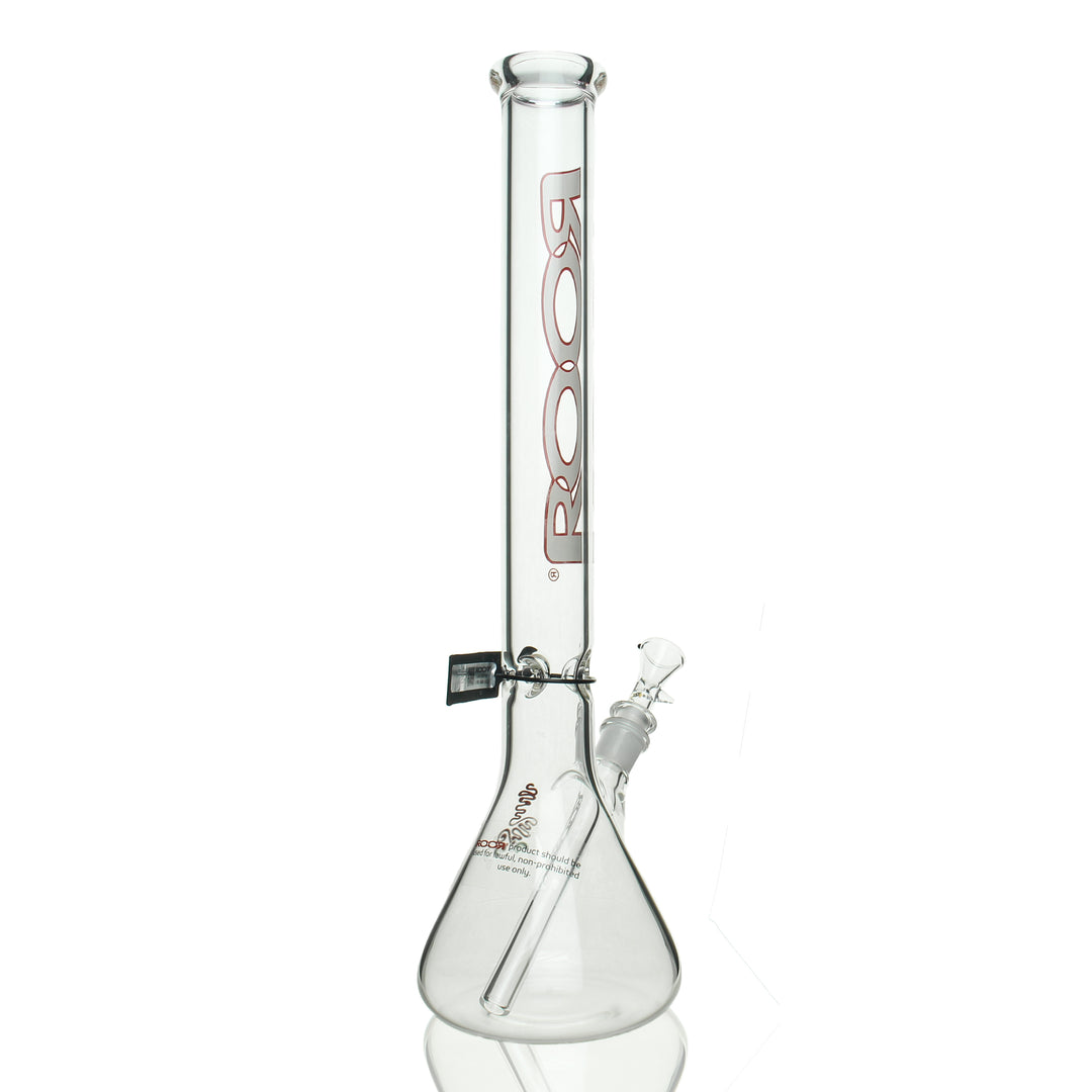 RooR 18-inch 45x5mm beaker — white and red glass water pipe, label detail