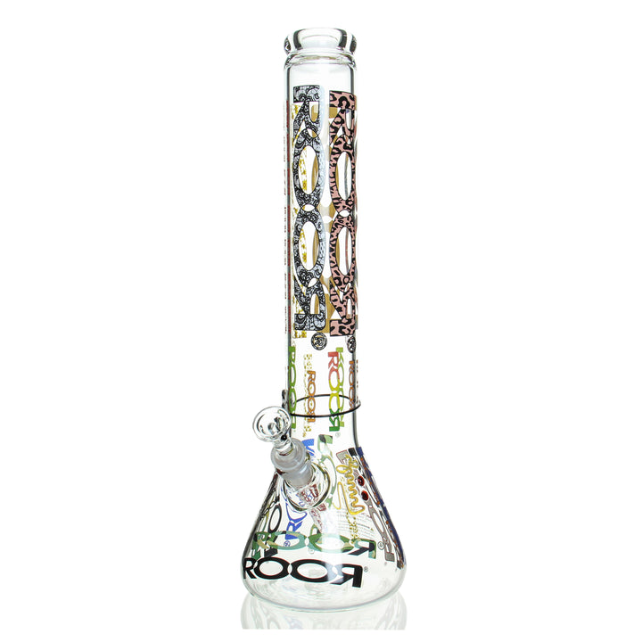 RooR 18in Beaker 60x5mm Logo'd Out 1 — 18in 60x5mm beaker bong with full Logo'd Out etching variant 1