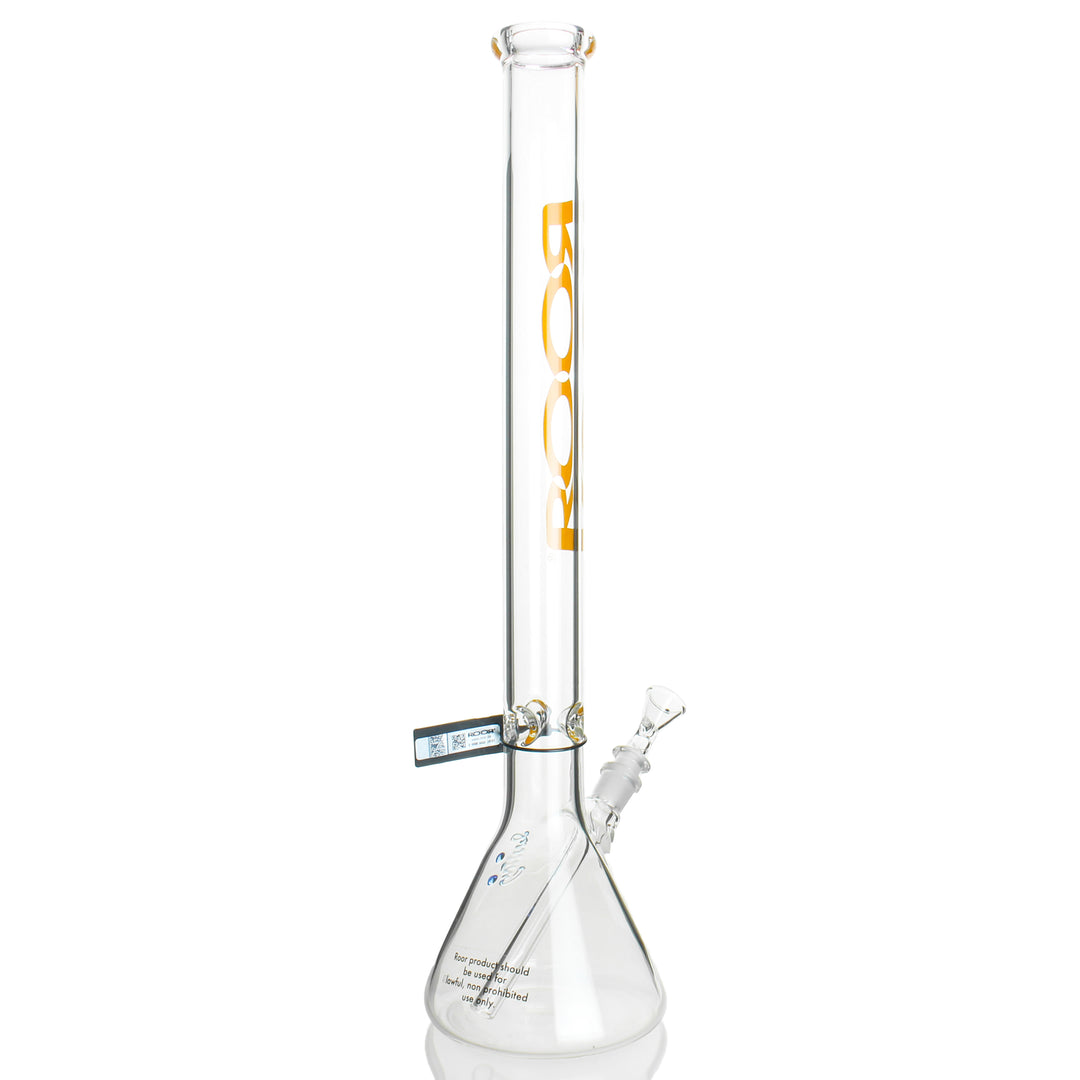 RooR 23-inch 45x5mm beaker — orange label glass water pipe, detail view
